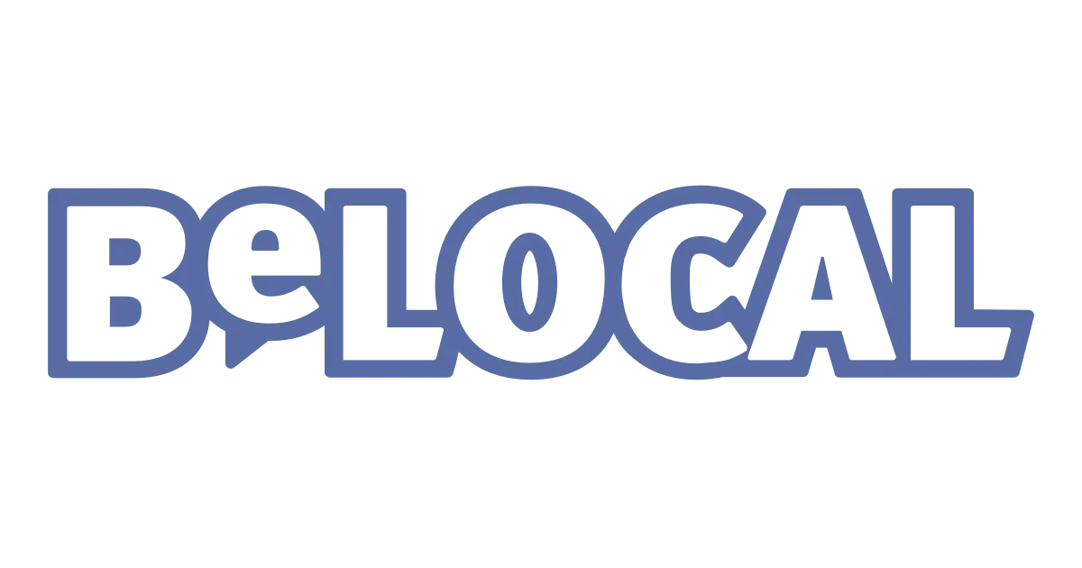 The image showcases the word BeLOCAL in bold blue uppercase letters, reminiscent of a sign for a community hub like childcare near me. The letters Be are slightly smaller than LOCAL, with the L being notably larger. The design is simple, focusing solely on the text without extra graphics or background elements.