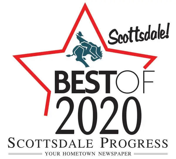 Logo featuring a red star outline with a blue horse and rider silhouette. Best of 2020 is in bold black and red text below. Scottsdale! is handwritten in red above the star, while the bottom reads Scottsdale Progress: Your Hometown Newspaper, guiding you to find quality daycares nearby.