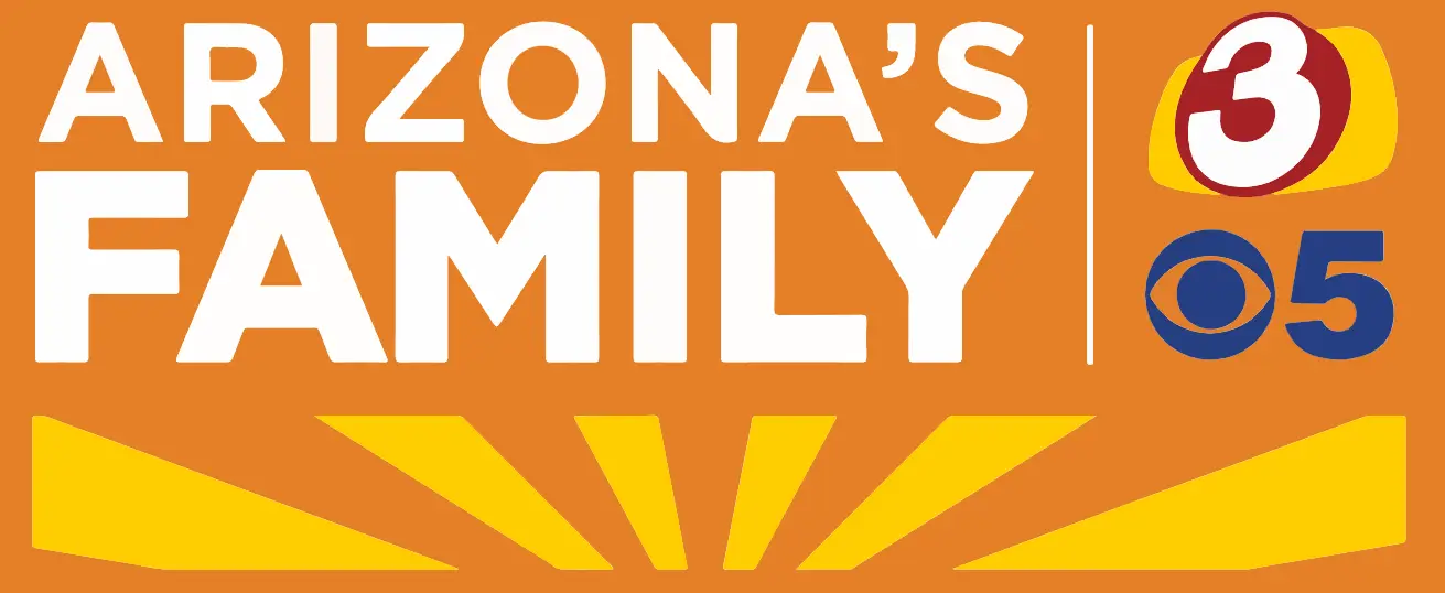 The image showcases a vibrant orange backdrop with ARIZONAS FAMILY in bold white letters. To the right, a red 3 logo with a yellow outline and a blue CBS 5 logo are featured. Yellow rays, like a sunrise, symbolize hope for families searching for childcare near me.