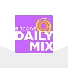 Logo of Arizona Daily Mix featuring a purple square background. The word Arizona is in white lowercase letters, positioned above DAILY MIX in larger uppercase letters. A stylized yellow swirl design, much like the vibrant creativity found in preschools near me, is located in the top right corner of the logo.