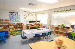 A brightly lit pre-k classroom features a long table draped in white cloth, surrounded by small chairs. Bookshelves brim with educational materials, while the Dragonfly Family Wall on the bulletin board showcases photos. Plants and decorations add warmth to this inviting space near you.