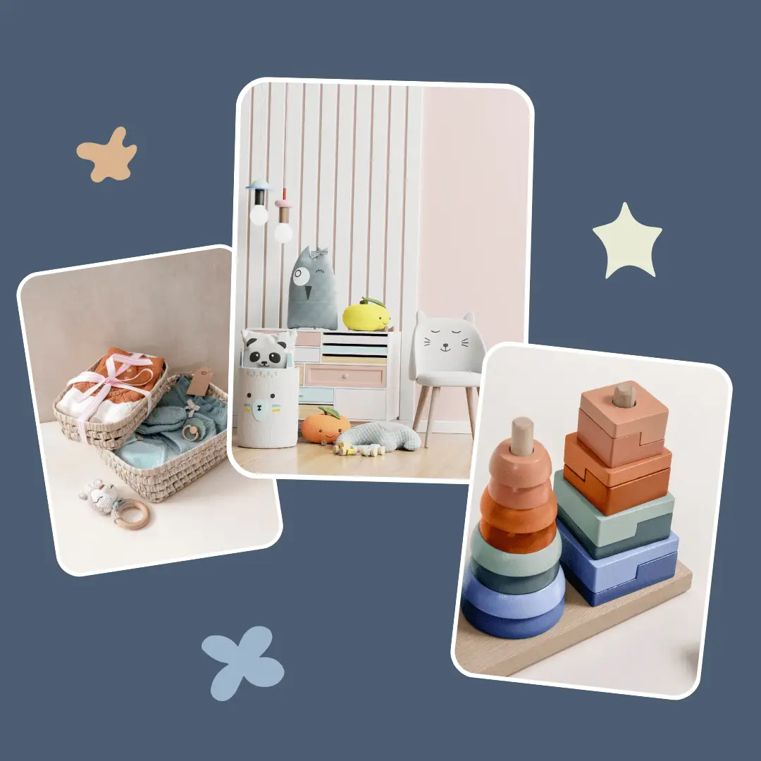 A collage of three images on a starry blue background showcases delightful scenes: Left, a basket brimming with baby essentials; Center, childrens toys and stuffed animals neatly arranged on shelves; Right, an inviting wooden stacking toy. Perfect for inspiration when searching for preschools near me.